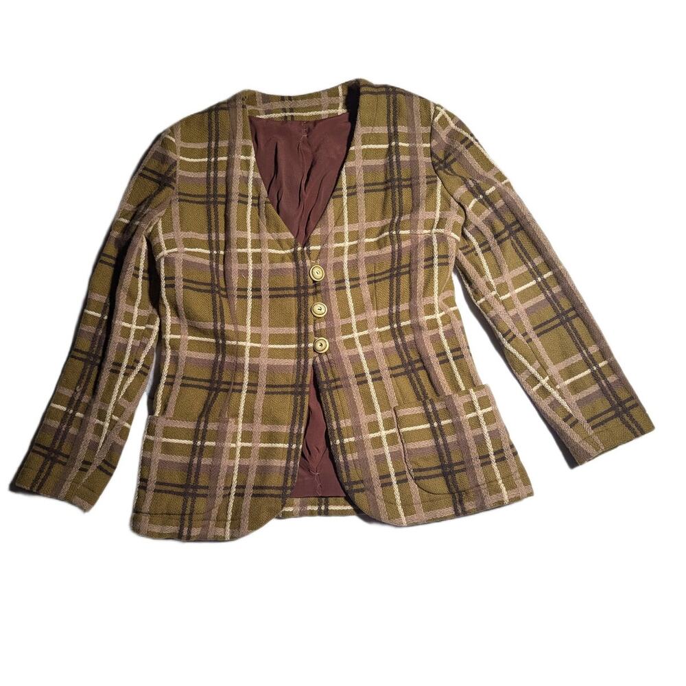 Vtg 1970s Brown Beige Plaid Wool Blend 3 Button Collarless Blazer Jacket Sz S
